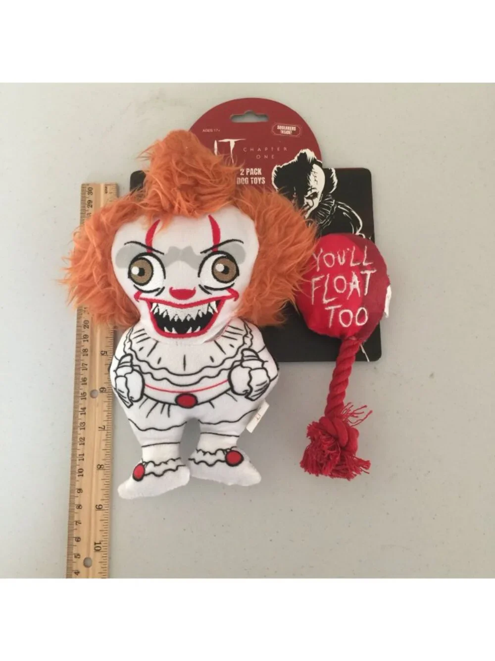 IT Chapter One Pennywise YOU'LL FLOAT TOO Plush 2 Piece Dog Toy Set Squeak Crink